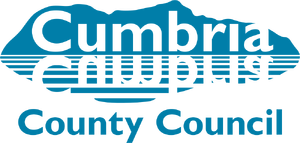 Cumbria County Council logo featuring stylized blue text with a mountain silhouette and horizontal lines representing water