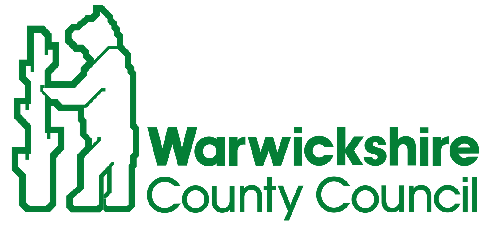 Warwickshire County Council logo in green featuring a stylized bear standing against a tree with bold text