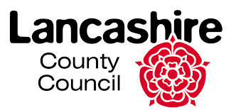 Lancashire County Council logo featuring black text and a red stylized rose emblem