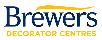 Brewers Decorator Centres logo featuring the word "Brewers" in bold navy blue letters with a yellow swoosh above, and "Decorator Centres" in uppercase yellow text below